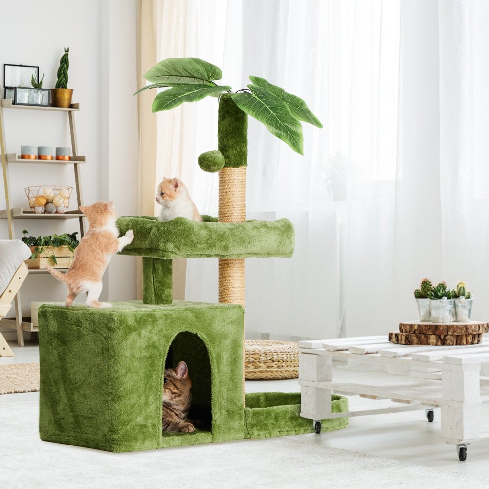 31.5" Cat Tree Cat Tower for Indoor Cats with Green Leaves, Cat Condo Cozy Plush Cat House with Hang Ball and Leaf Shape Design, Cat Furniture Pet House with Cat Scratching Posts,Beige